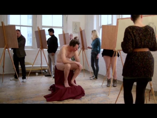 artists paint a naked sitter. cfnm, voyeur